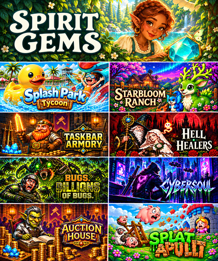 Spirit Gems + Splash Park Tycoon + Starbloom Ranch + Taskbar Armory + Hell Healers + Bugs + Cybersoul + Auction House + Splatapult